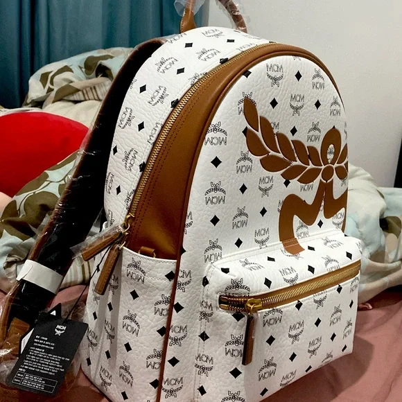 Bags | Mcm Backpack White And Brown Very Cute And Simple 